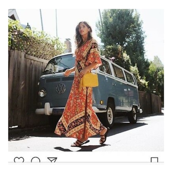 festival floral print red boho v neck midi dress backless - Picture 2 of 6